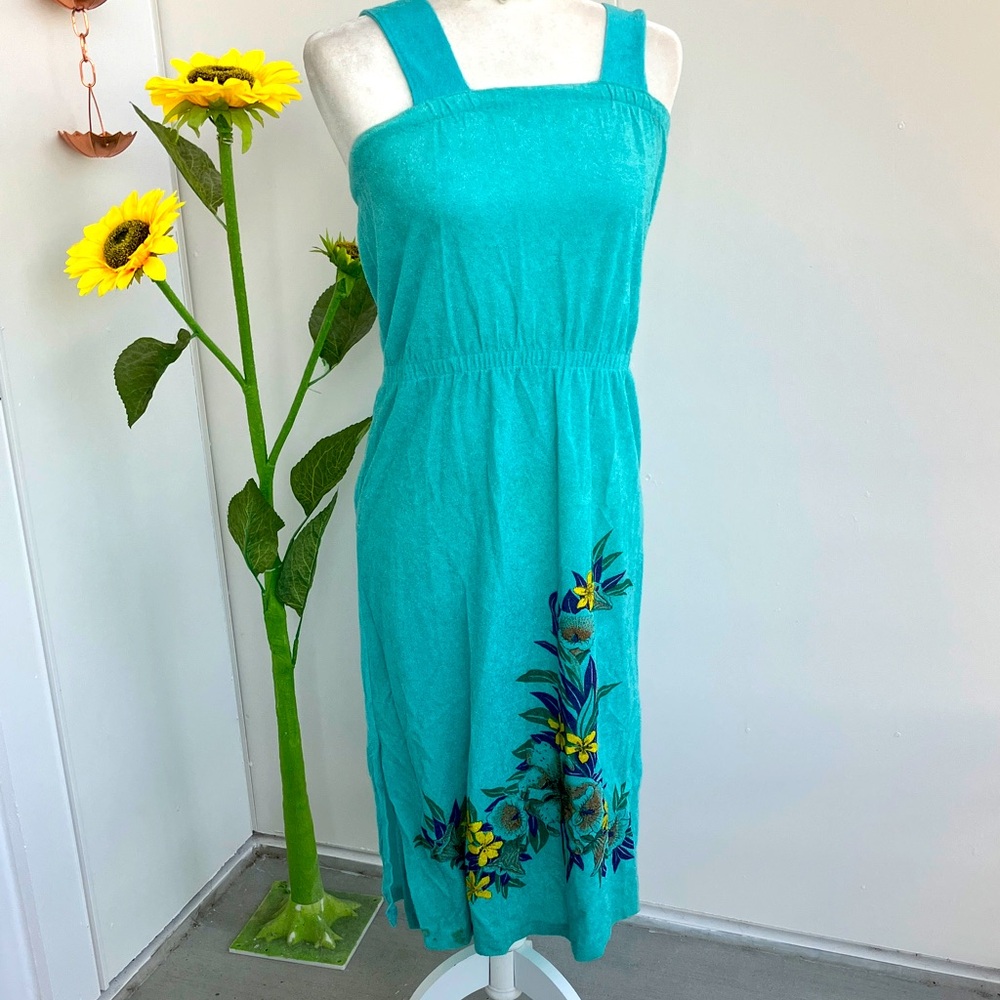 Vintage 60s 70s Tropical Floral Blue Terrycloth Midi Tank Dress